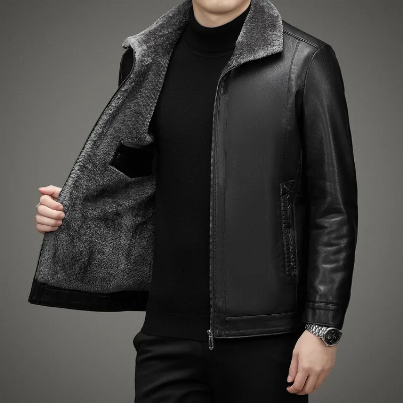 

2 Colors!2023 Autumn and Winter Men's Leather Coat Thickened and Velvet Flip Collar Warm Leather Coats Mens Jacket