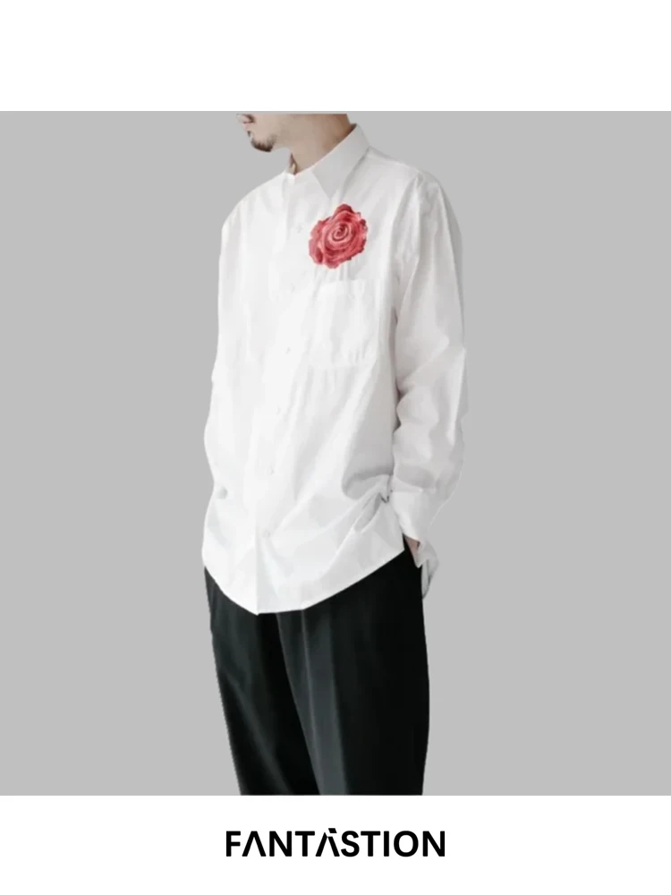 

FANTASTION white wedding shirt with red floral embroidery unisex loose fit long sleeve oversized casual blouse for daily shirts