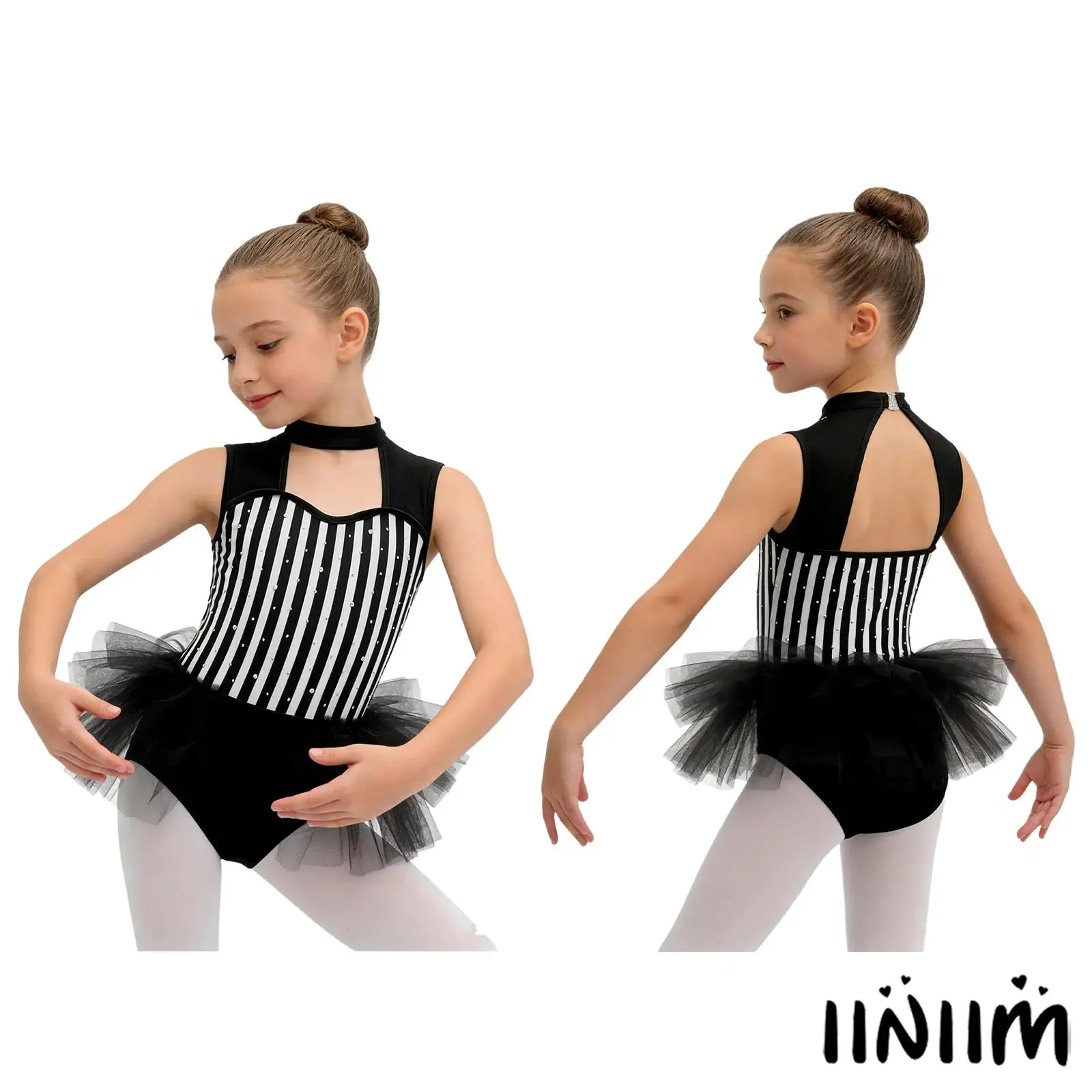 

Kids Girls Figure Skating Performance Dancewear Circus Ringmaster Outfit Princess Stripe Jumpsuit Mesh Ballet Dance Bodysuit