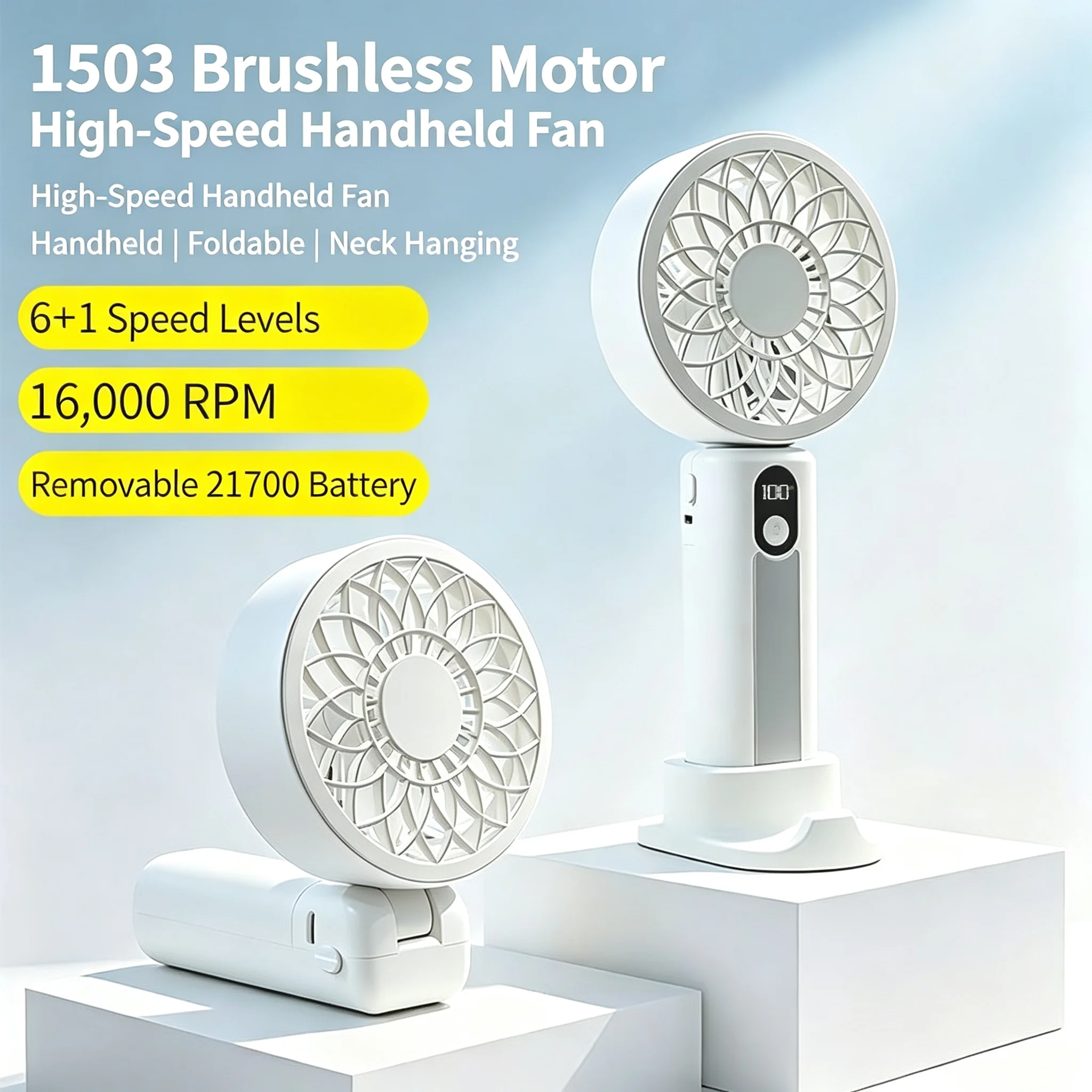 M3 Mini Portable Fan,1503 RC Brushless Motor,Foldable Design,7-Speed Outdoor Cooling