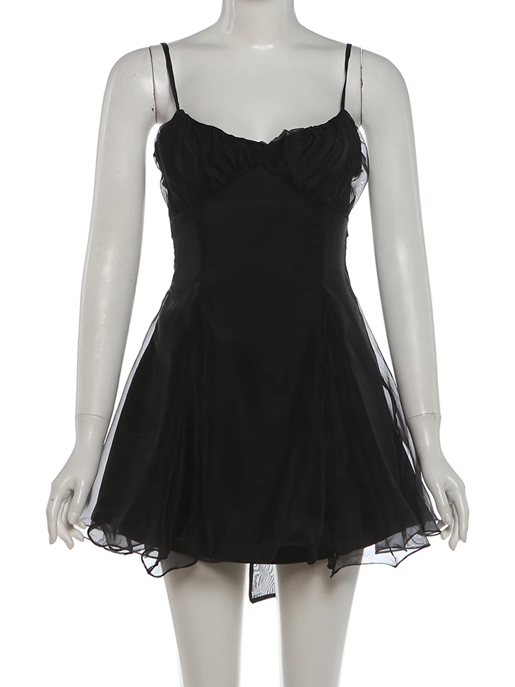 Weird Puss Quastenkleid für Damen, tief ausgeschnittenes, ärmelloses, figurbetontes Kleid mit Falten, einfarbig, Sommermode, für Abschlussball, Party, klassisch, schlicht, schick, Mini-Bodycon – Detail 3