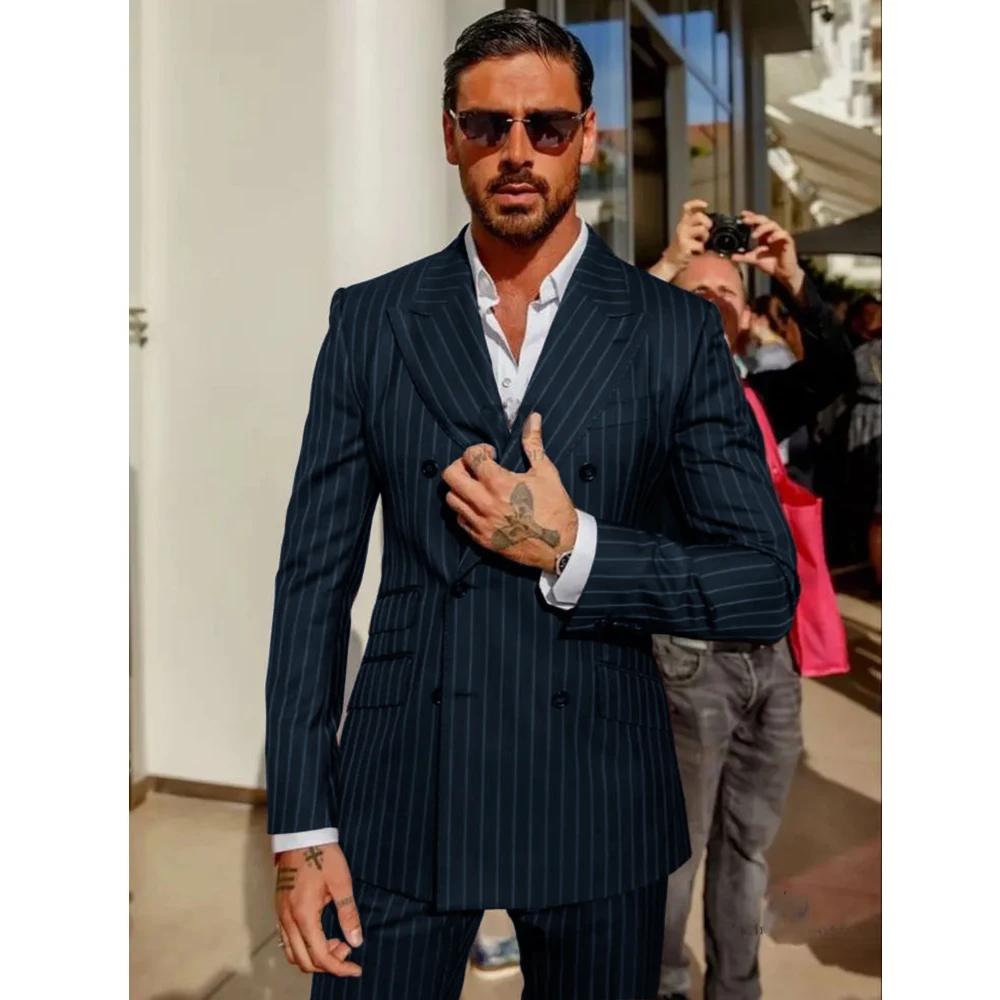 Elegant Suits Summer Strip Suit Two Piece High Quality Casual Suit Set Men\'s Clothing New in Suits and Blazers Male Clothes Coat