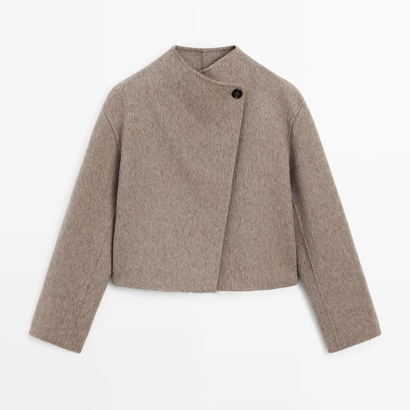 

Минималистичный роскошный стиль, шерстяное пальто, модное короткое пальто с воротником-стойкой на одной пуговице, новинка 2023 года, осенне-зимние женские пальто