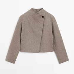 Minimalist Luxury Style Woolen Blend Coat Fashion Single Button Stand Collar Short Outwears 2025 NEW Autumn Winter Lady Coats