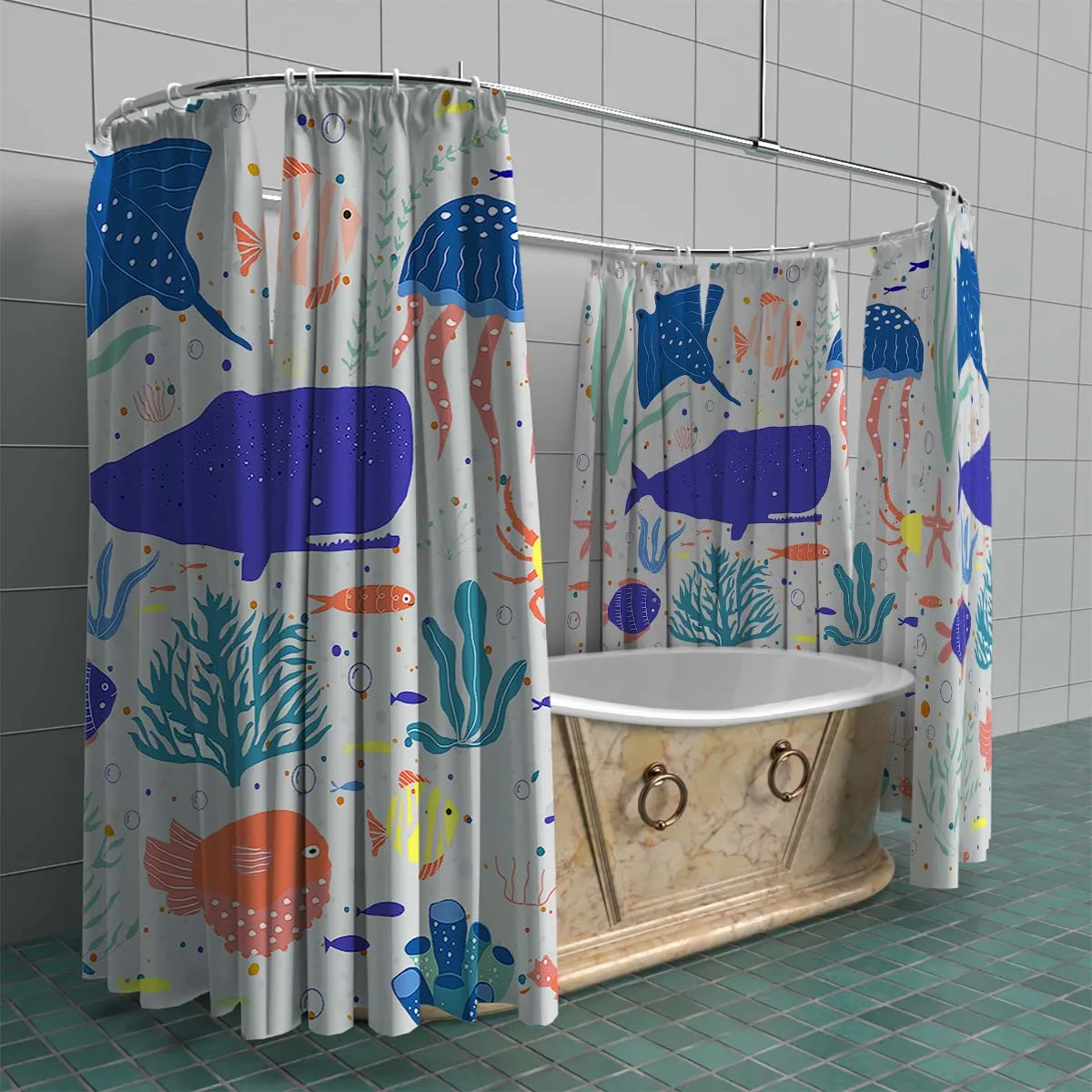 180x180cm bathroom waterproof polyester shower curtain, mold resistant, perforated with hooks, cartoon octopus, whale, manta ray