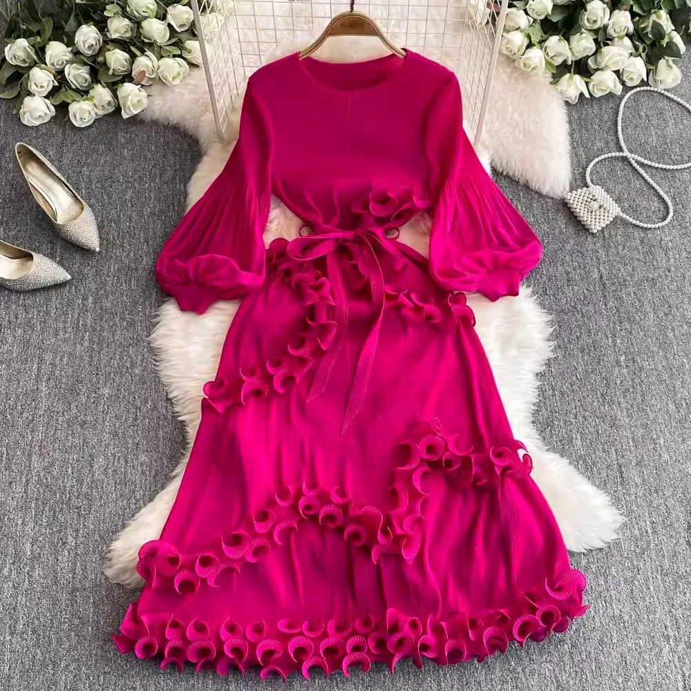 2024 New Fashion Spring Miyake Pleated Midi Dress Elegant Women Round Collar Long Sleeve Spliced Ruffles Long Party Clothing