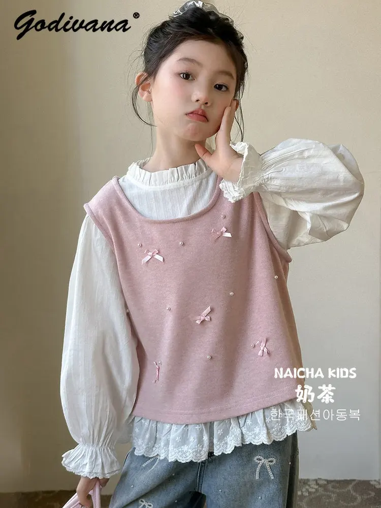 

Sweet Girls Sets Spring 2026 New Korean Fashion Lace Ruffle White Long Sleeve Shirt Luxury Pearl Bow Vest Denim Pants Sets