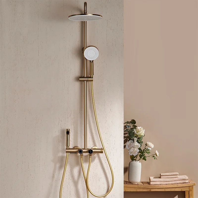 Luxury Shower Mixer Set Bathroom Brushed Gold Brass Shower System 4 Functions Thermostatic Rainfall Shower Set