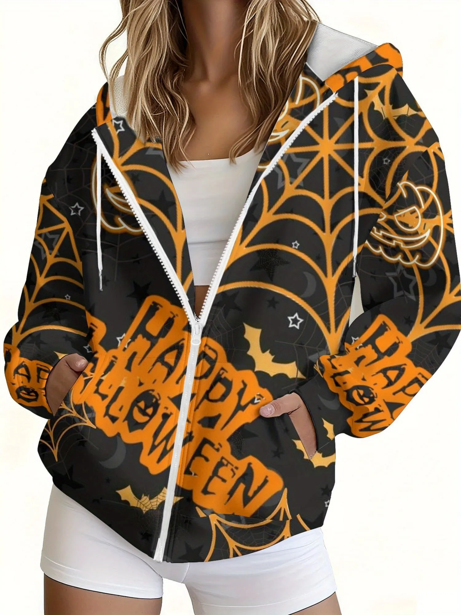 2026 Autumn/Winter Women's Zippered Hooded Sweatshirt Fashionable and Versatile Casual 3D Halloween Pumpkin Pattern Print