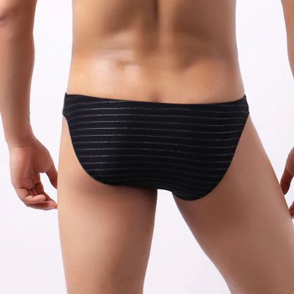 Mens Sexy Lingerie Striped Thong Low Waist Pouch Briefs Underwear Scrotum Physiological Mens Underpants Elastic Male Panties