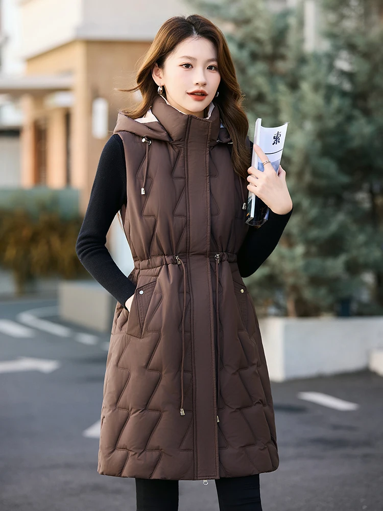 

Модная универсальная теплая хлопковая куртка-жилет женская средней длины, легкая, с отстегивающимся капюшоном, осень-зима 2025