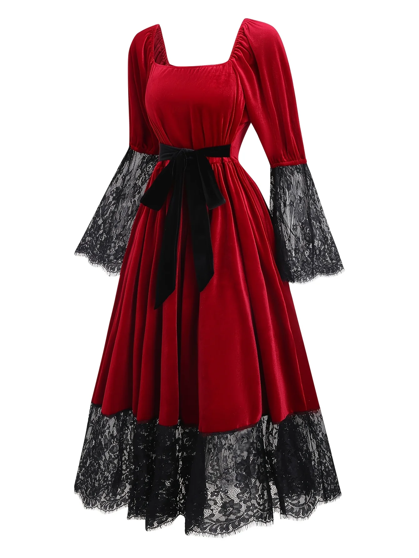 

Plus Size Women's Red Velvet Lace Square Neck Evening Dress