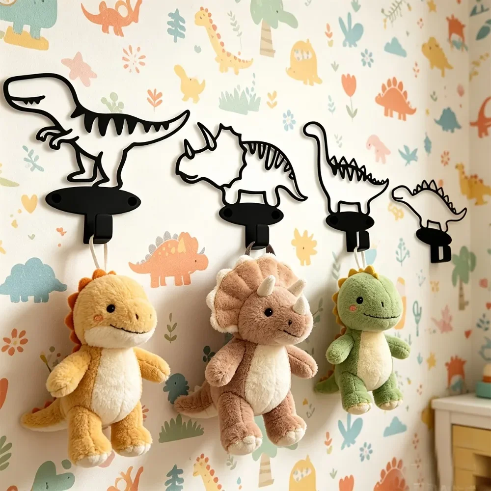 CIFBUY Dinosaur Iron Wall Hooks, Heavy Duty Metal Coat Hanger & Belt Toy Organizer, Black Modern Minimalist Decor for Kids Room