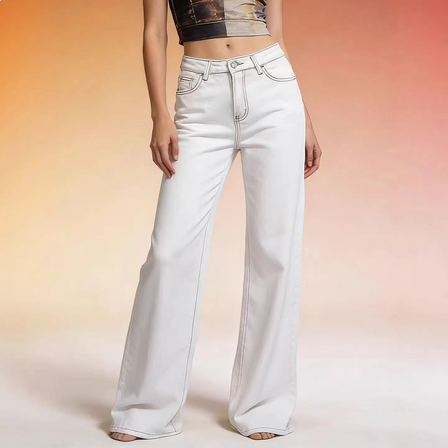 Factory direct sales European and American new white bow strawberry cute patch straight low waist loose women's jeans