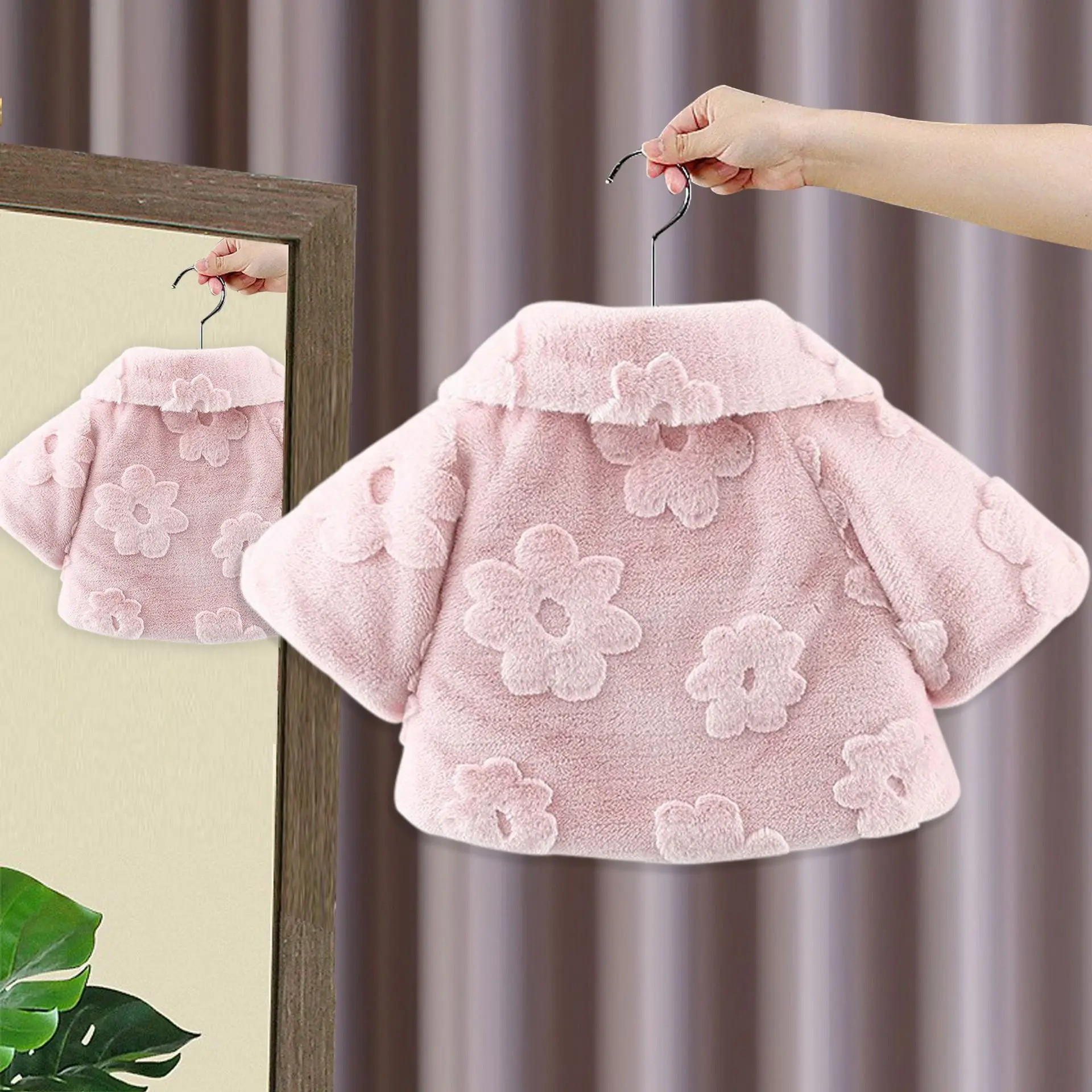 Toddler Girl Pink Coat Flower Element Bow Button Long Sleeve Lapel Solid Color Plush Coat Kids Girl Winter Daily Casual Wear