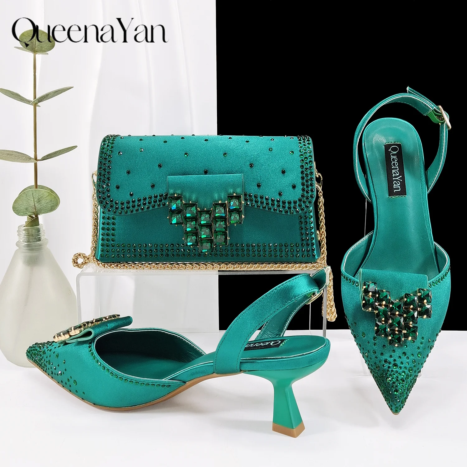 Queen Yan Green Color Rhinestone Comfortable Women's Pumps Heels And Bag Fashion Style Pointed-Toe Shoes For Farty  Occasion