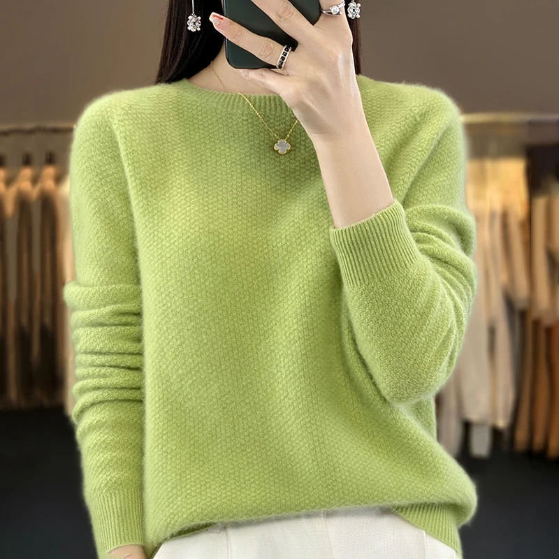 Jesień / zima Nowy sweter ze 100% czystej wełny Casual Solid Color Dzianinowa bluzka z okrągłym dekoltem Luźne topy Podstawowy sweter bazowy