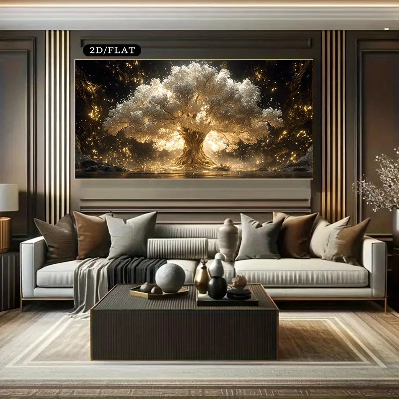 1pc frameless Canvas Painting Extra Large Modern Canvas Wall Art Glowing Tree with Golden Branches, Frameless Poster for Living