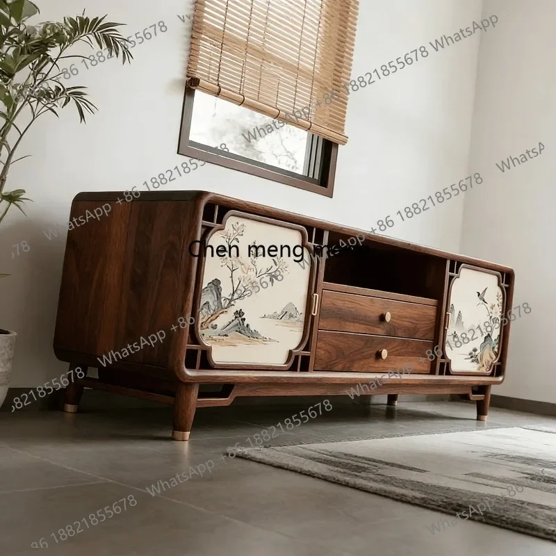 EE182 New Chinese-style North American black walnut TV cabinet, living room decorative pattern cabinet, high-end solid wood furn