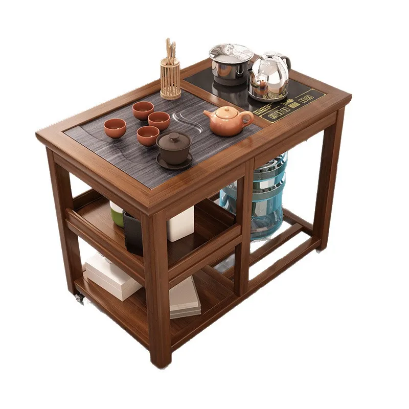Balcony exquisite small tea table 2025 new solid wood household tea set integrated  table complete set of mobile  cabinet