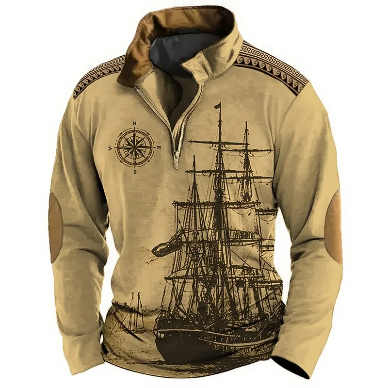 Vintage Boat Graphic Men's Zipper Sweatshirt 3D Print Big Ship Pattern Long Sleeve Pullover Autumn Winter Outdoor Casual Clothes