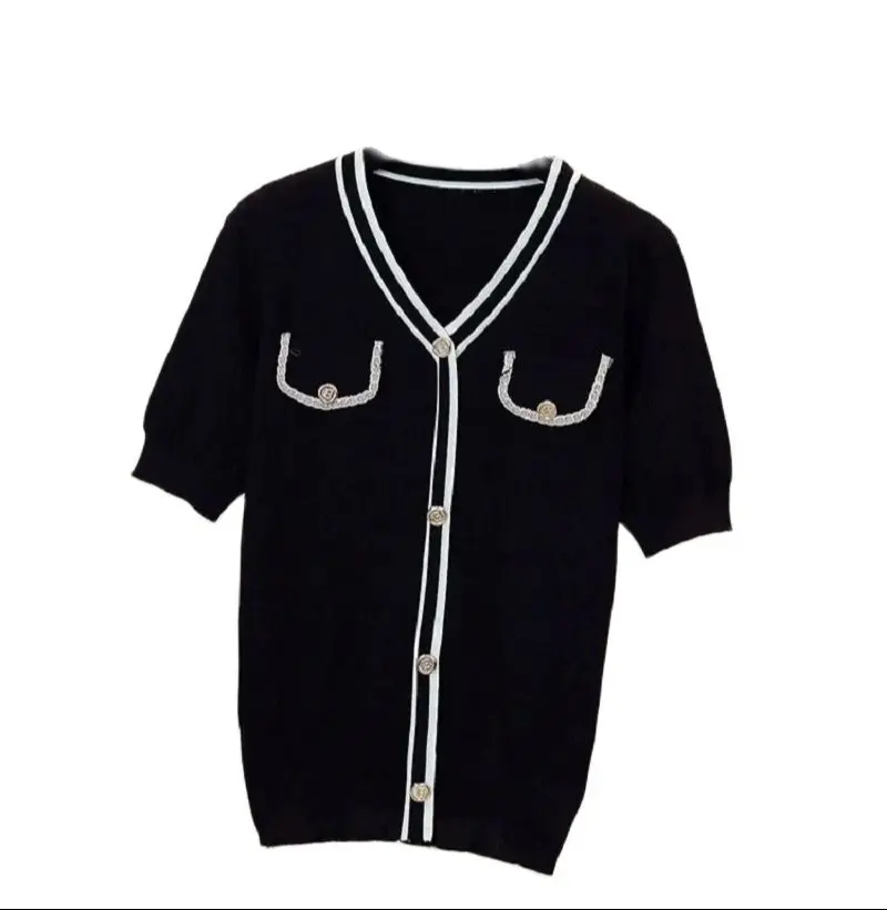 Women\'s Sweater Ice Silk Short Sleeve V Neck Colorblock Pullover 2024 Summer Korean Fashion Style Wear Outside Knitwear