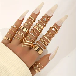 30Pcs Bohemian Retro Metal Geometric Finger Ring Set Fashion Rhinestone Turkey Lucky Eyes Bowknot Ring Women's Classic Jewelry