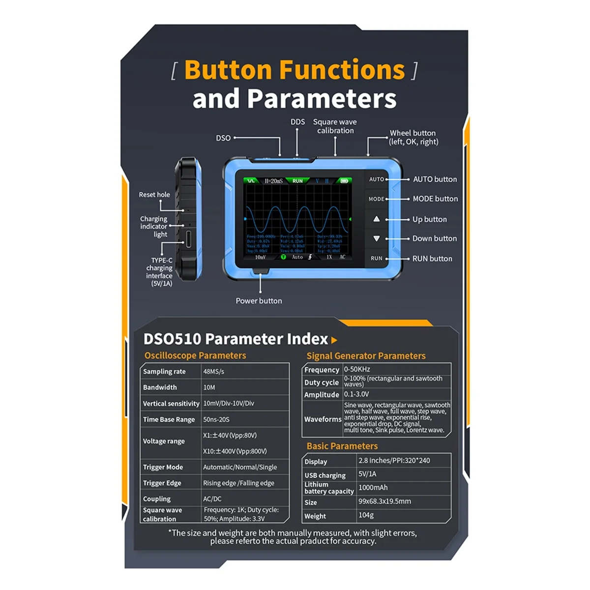 New FNIRSI DSO-510 Digital Mini Oscilloscope Multi-Function Signal Generator 2 in 1 Bandwidth 10M 48MS/S Sampling Rate