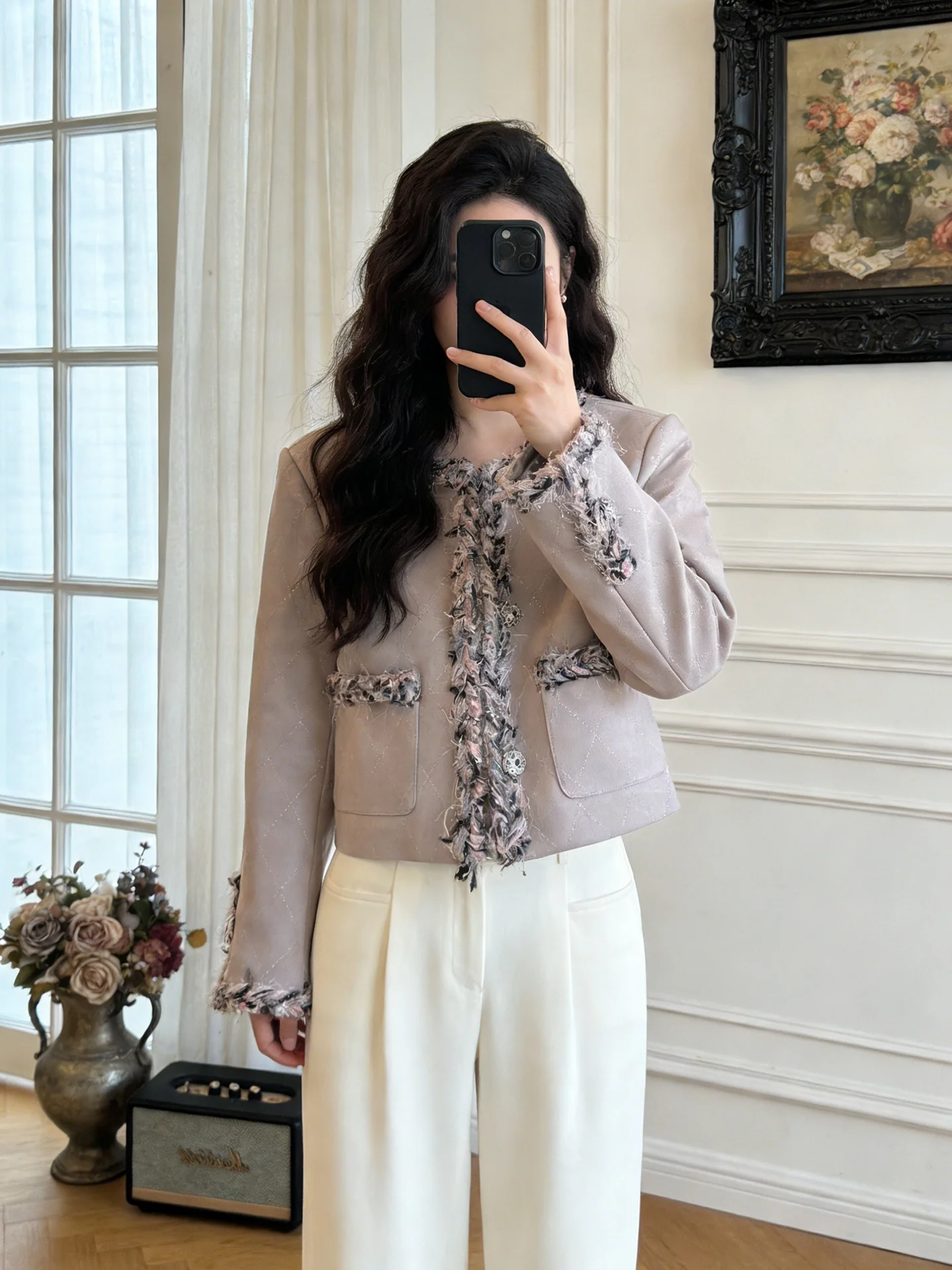 

Женская короткая стеганая куртка из замши цвета фиолетового сладкого картофеля в корейском ретро-стиле, новинка весенней коллекции