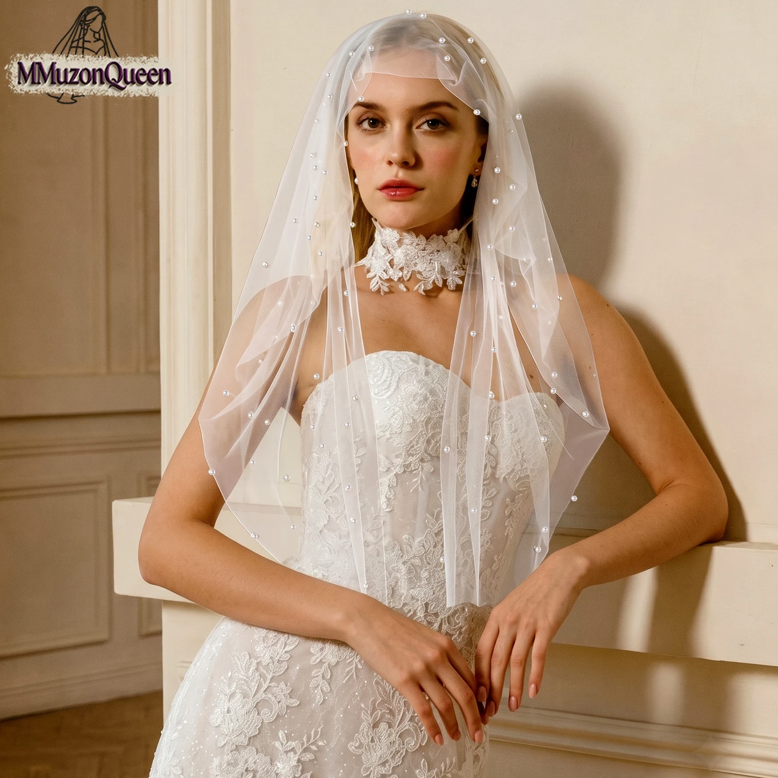 TOPQUEEN Elegant Pearl Bridal Veil Soft 2 Tier Beaded Wedding Veil For Bride Simple Elbow Minister Veils With Comb V372