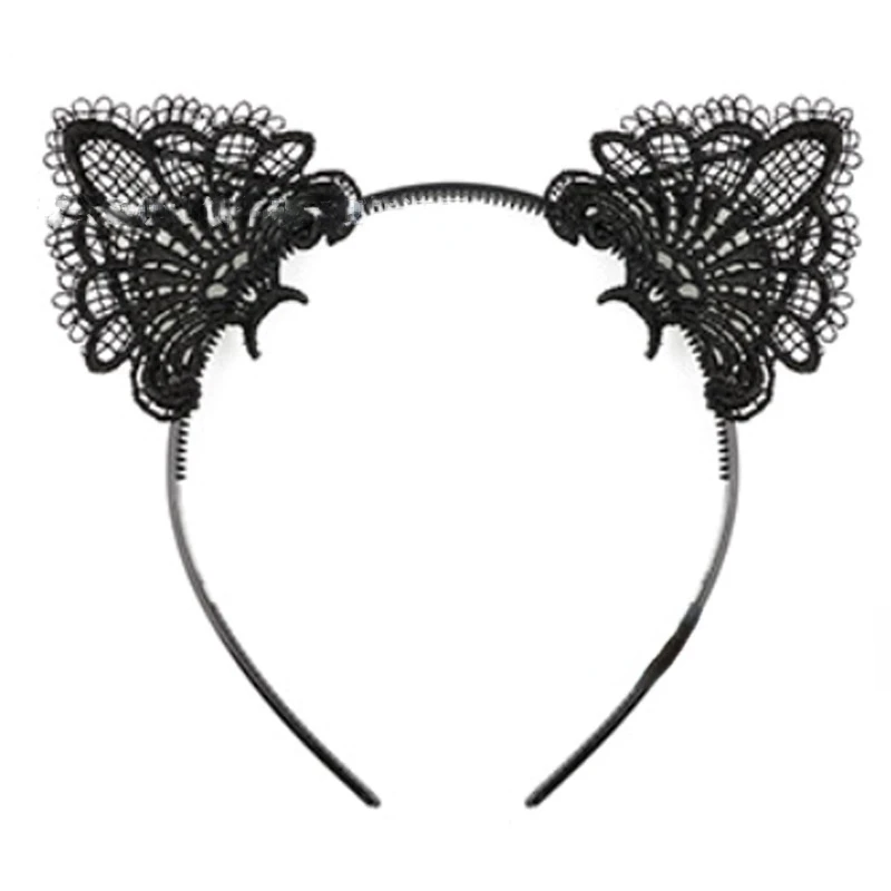 

Sexy Cute Cat Ears Headband Lace Hollow Black White Cosplay Hairband Catwoman Decorative Hair Bands for Women Accessories