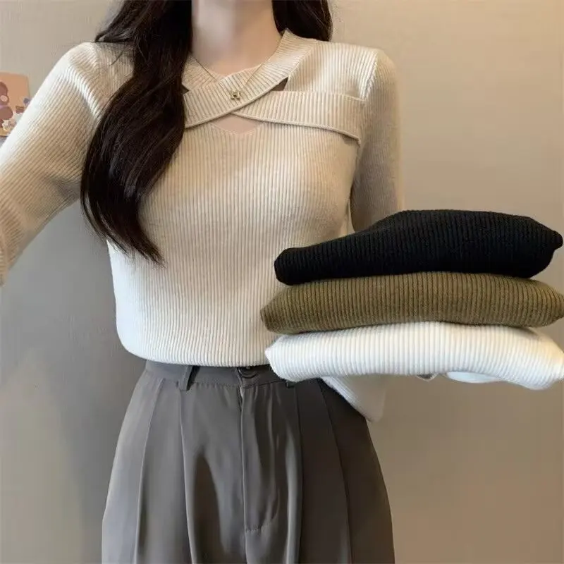 

Plus Size High-End Feel Inner Wear Black Base Shirt For Women Autumn Fat MM Slimming Belly Covering Knitted Sweater Top