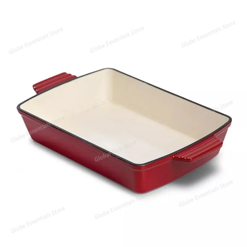 Enameled Cast Iron Rectangular Baking Pan Coating-Free Double-Handle Flat Bottom Cookware for Fish Grilling, Frying
