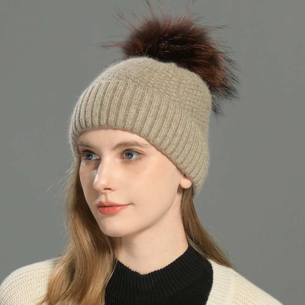 Jxwatcher Winter Hat for Women 2026 Autumn New Arrival Knitted Beanie Hats Fluffy Big Real Raccoon Fur Pompom Beanies Skull Caps