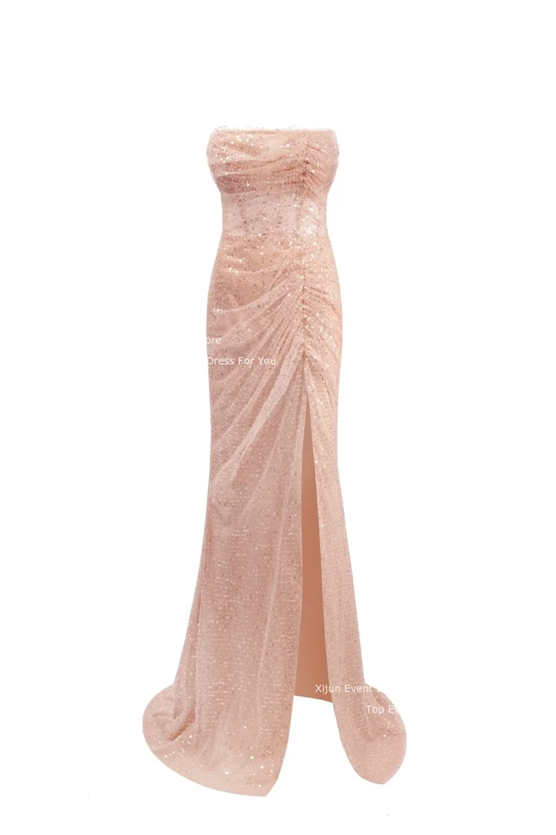 Xijun Nude Glitter Evening Dress Sequins Mermaid Celebrity Prom Dresses Party Dress Floor Length Side Slit Prom Gowns 2023Women