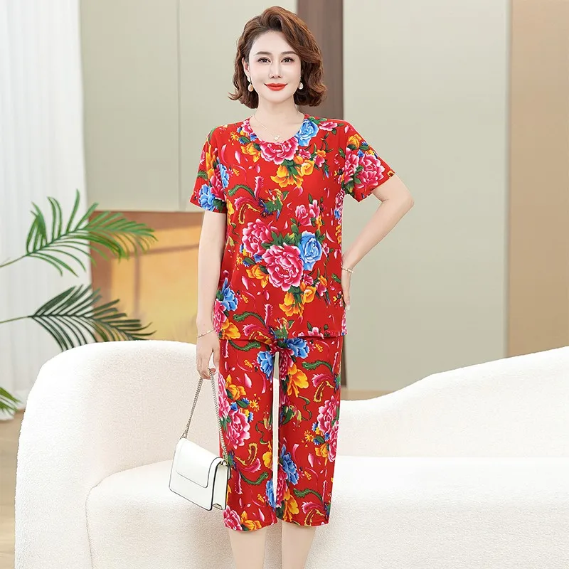 Middle-aged and Elderly Women Summer Short Sleeve Floral Print Loose  T-shirt Top Wide-leg Pant 2PCS Set Mother suit