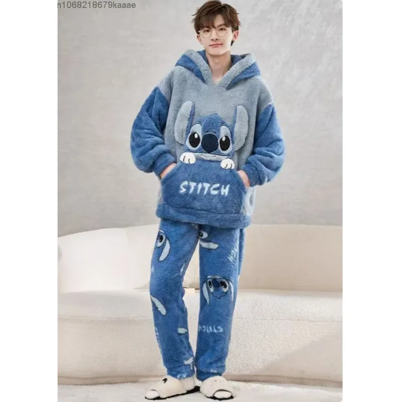 Disney Cartoon Stitch Couple Coral Fleece Pajamas Suit Cute Plush Pullover Top Pants 2 Piece Set Women Men Sleepwear Y2k Clothes