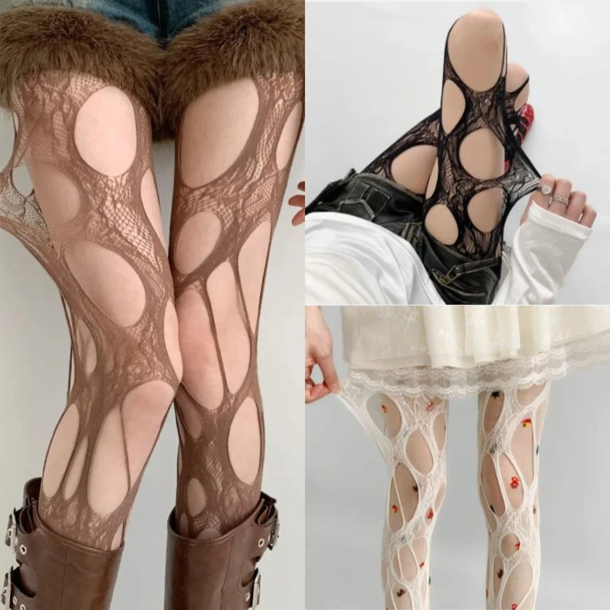 Women High Waist Fishnet Stockings Mesh Club Tights Panty Knitting Net Pantyhose Ripped Jeans Match Long Socks Lingerie 1/3 pcs