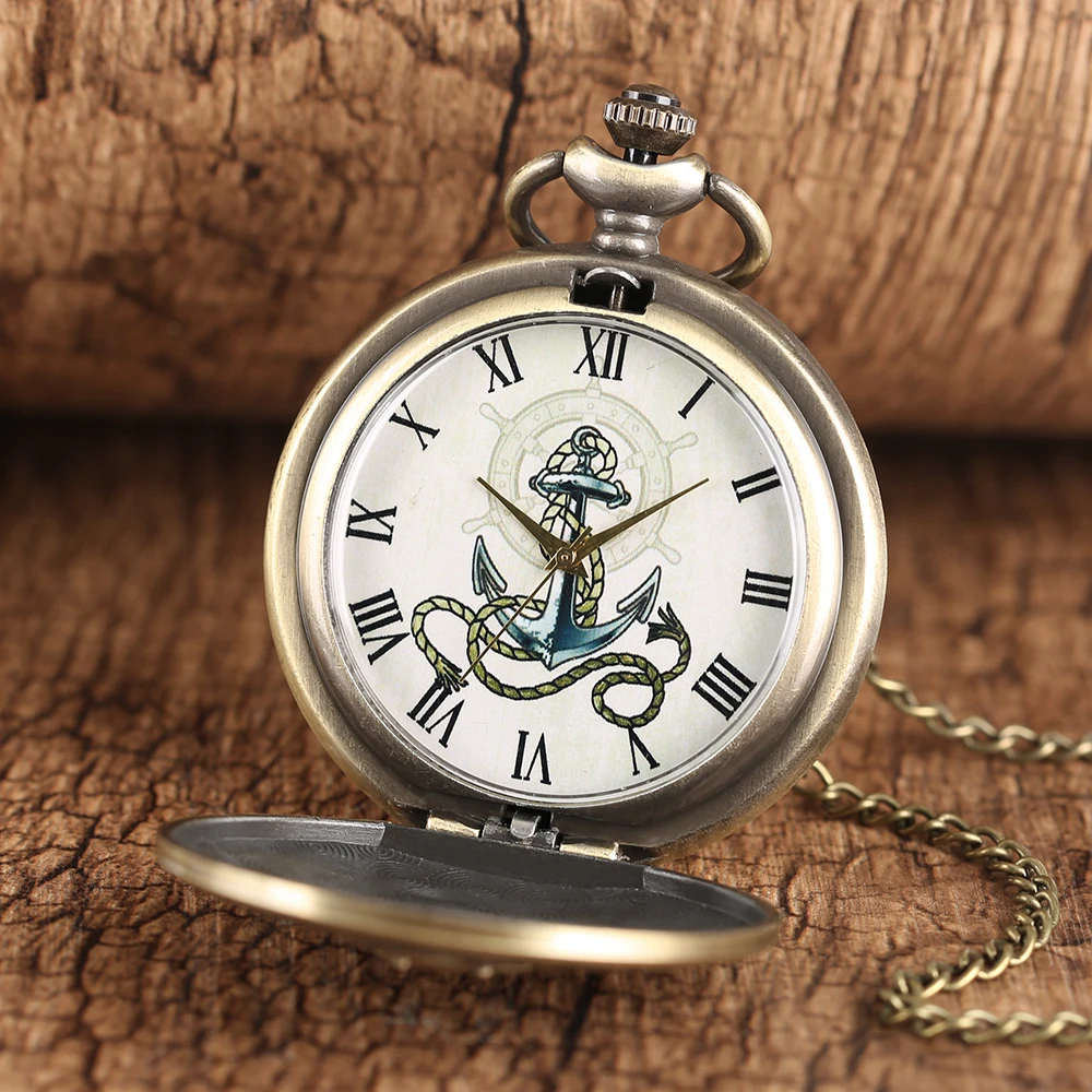 Retro Anchor Hook Cartoon Design Quartz Pocket Watch with Necklace Chain Pendant Gift Men's Elegant Clock