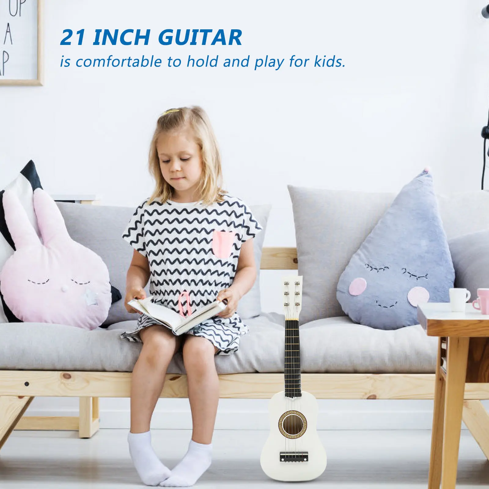 

21Inch Wooden Acoustic Guitar Beginner Folk Style Instrument with Balanced Tone Portable Size White Folk Guitar