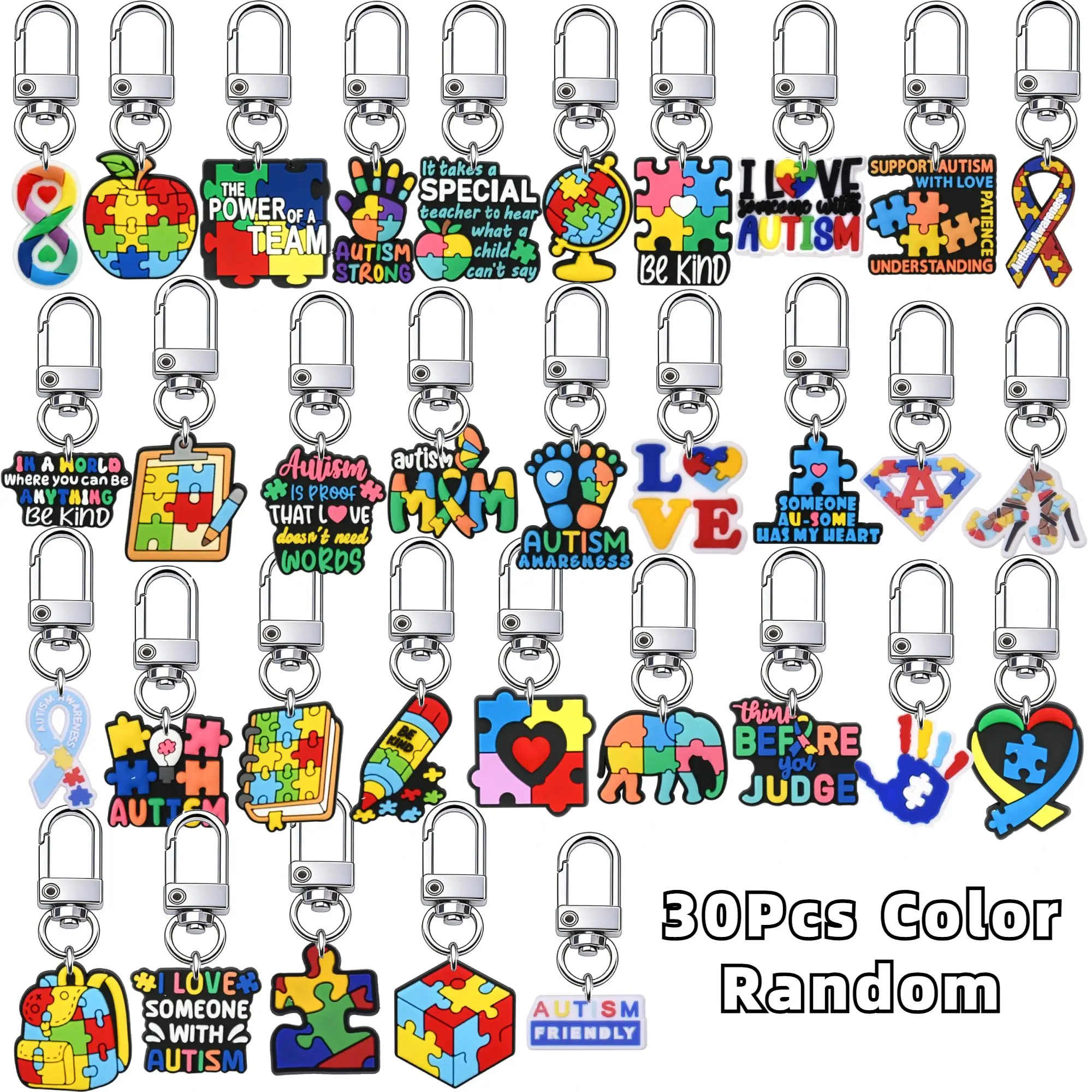 30Pcs Autism Awareness Keychain Puzzle Piece Keyring Support Gift for Teachers Parents Nurses Backpack Charm
