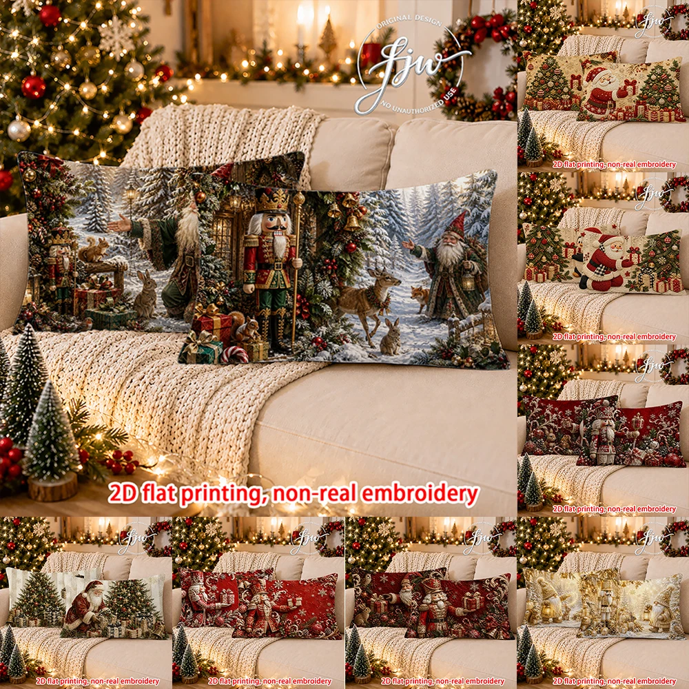 2pcs Christmas Decorative Throw Pillow Covers Vintage Nutcracker Santa Xmas Winter Forest Rectangle Cushion Cases for Sofa Couch