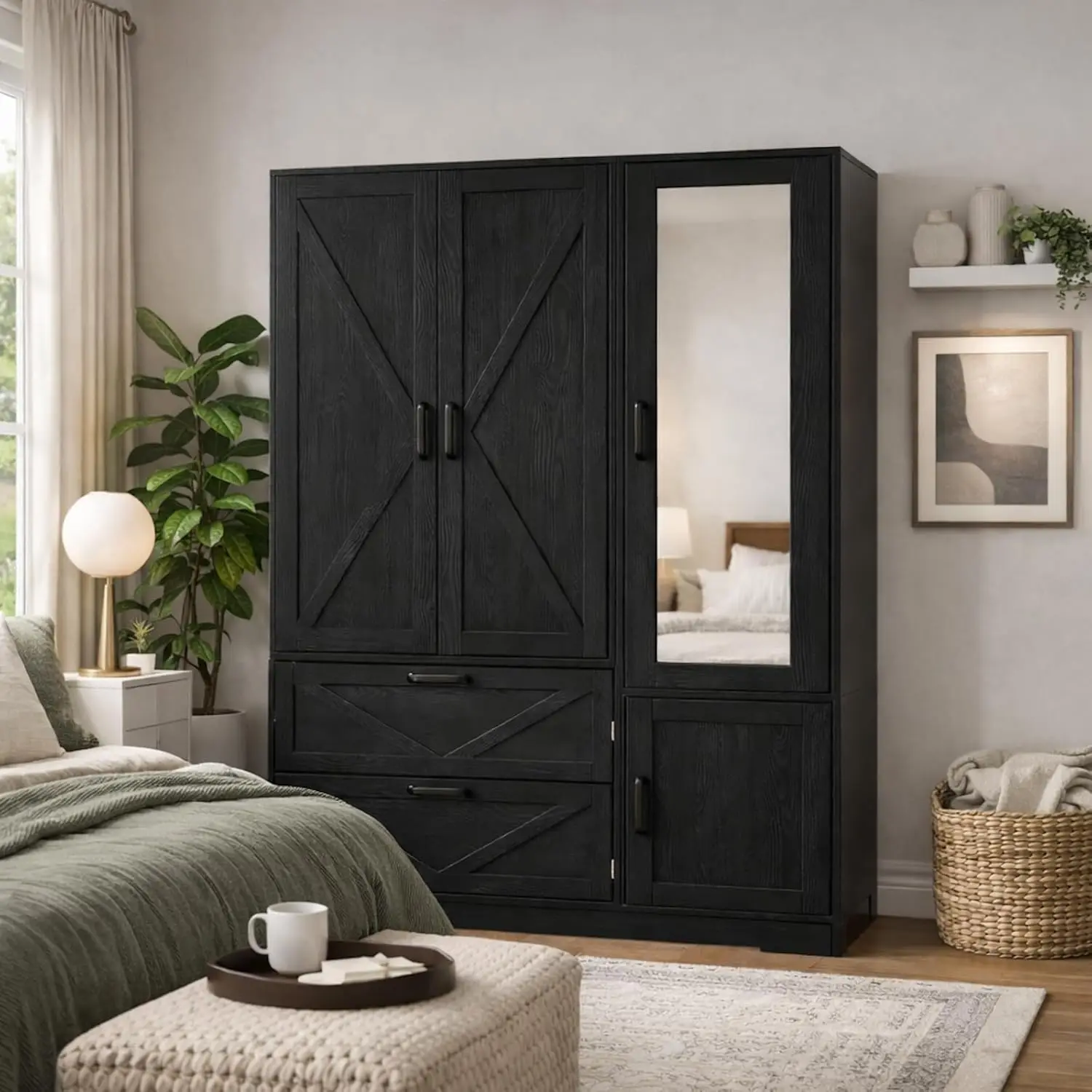 

3 Door Armoire Wardrobe Closet with 2 Drawers, Heavy Duty Bedroom Storage Cabinet with Hanging Rod & Lights,, Customized