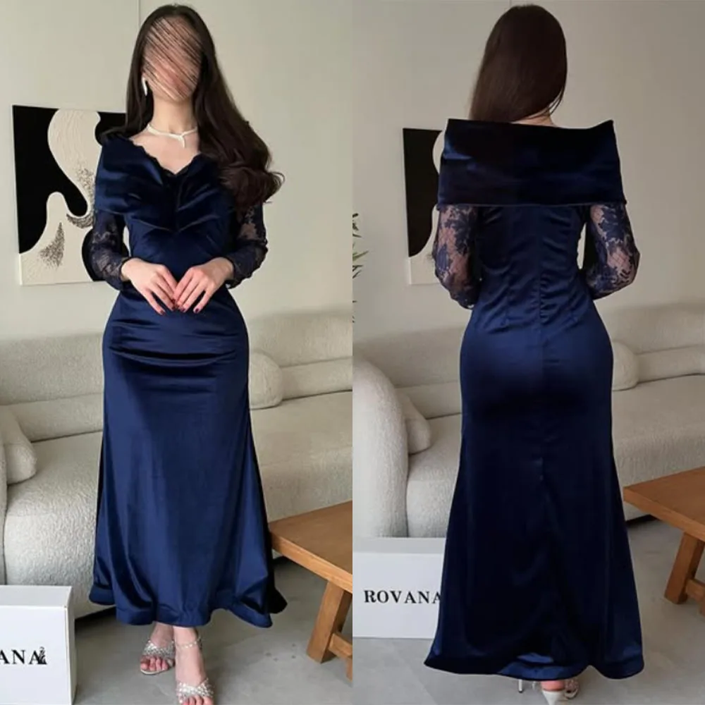 

Высокое качество, индивидуальные синие длинные платья с v-образным вырезом до щиколотки, кружевные пышные платья, женские платья Vestido De Festa De Casamento