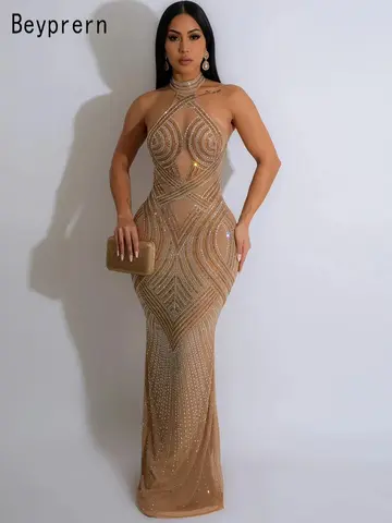 Beyprern Dames Strass Decor Lange Maxi Jurk Glamour Backless Hallucinatie Mesh Diamanten Feestjurk Beroemdheden Outfits