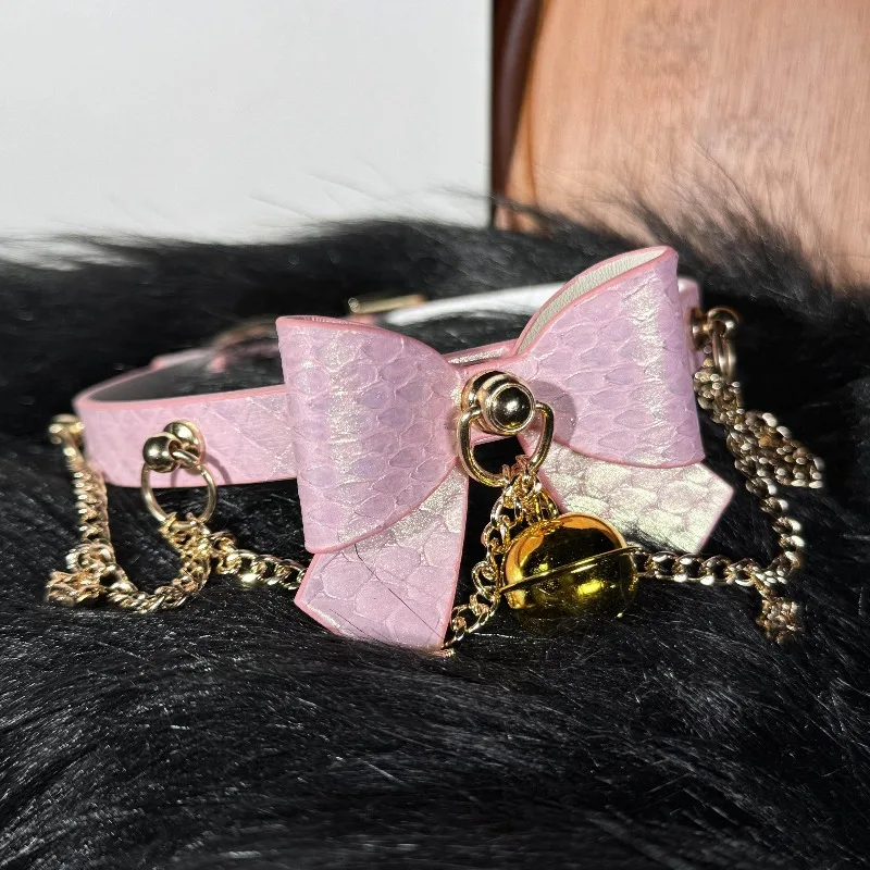 Custom Handmade Choker Collar Women's Bell Fashion Neck Ring K9 Bow Cat Niche Jewelry Genuine Leather Snake Pattern