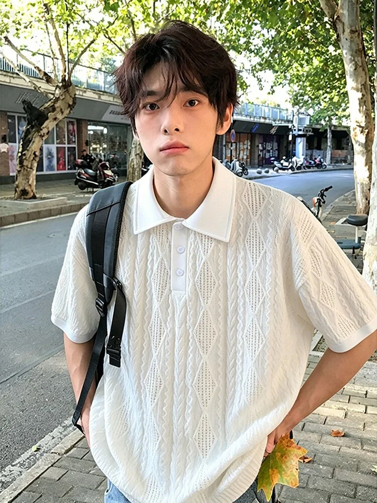 Cooling Sensation Knitted  Shirt Men's Short Sleeve Turn-down Collar Summer High-grade Checkered T-shirt Breathable