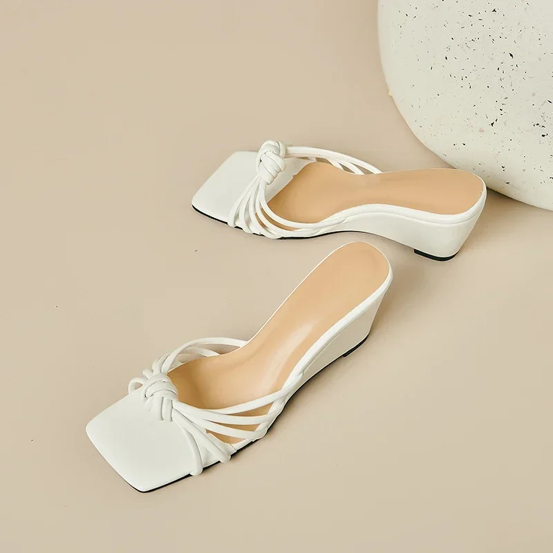 2024 Summer Fashion Wedge Open Toe Slide Sandals Women Narrow Band Elegant High Heels Slippers Women Chunky Flip Flops Sandalias