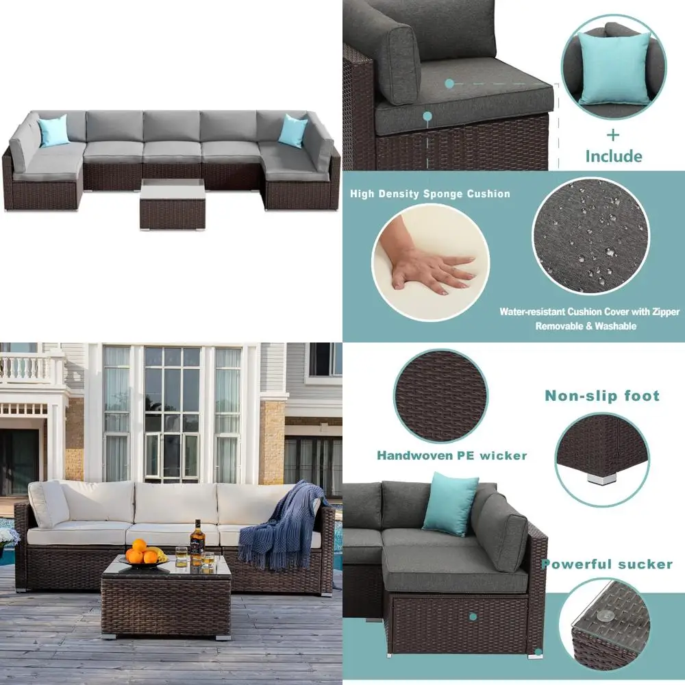 

8-Piece Outdoor Sectional Sofa Set in Brown Wicker with Thick Off-Grey Cushions