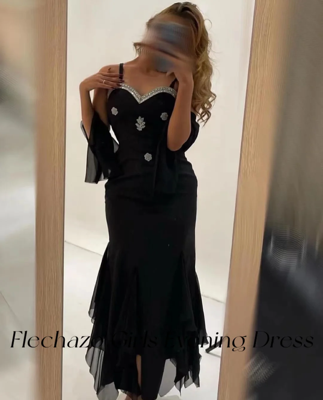 Flechazo-vestidos de Noche negros para mujer, vestido elegante fruncido con cuentas de espagueti, escote Corazón, fiesta, 2024